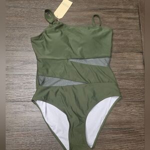 BNWT Olive Green One Piece Swimwear With Mesh Cutouts One/two Shoulder Size M